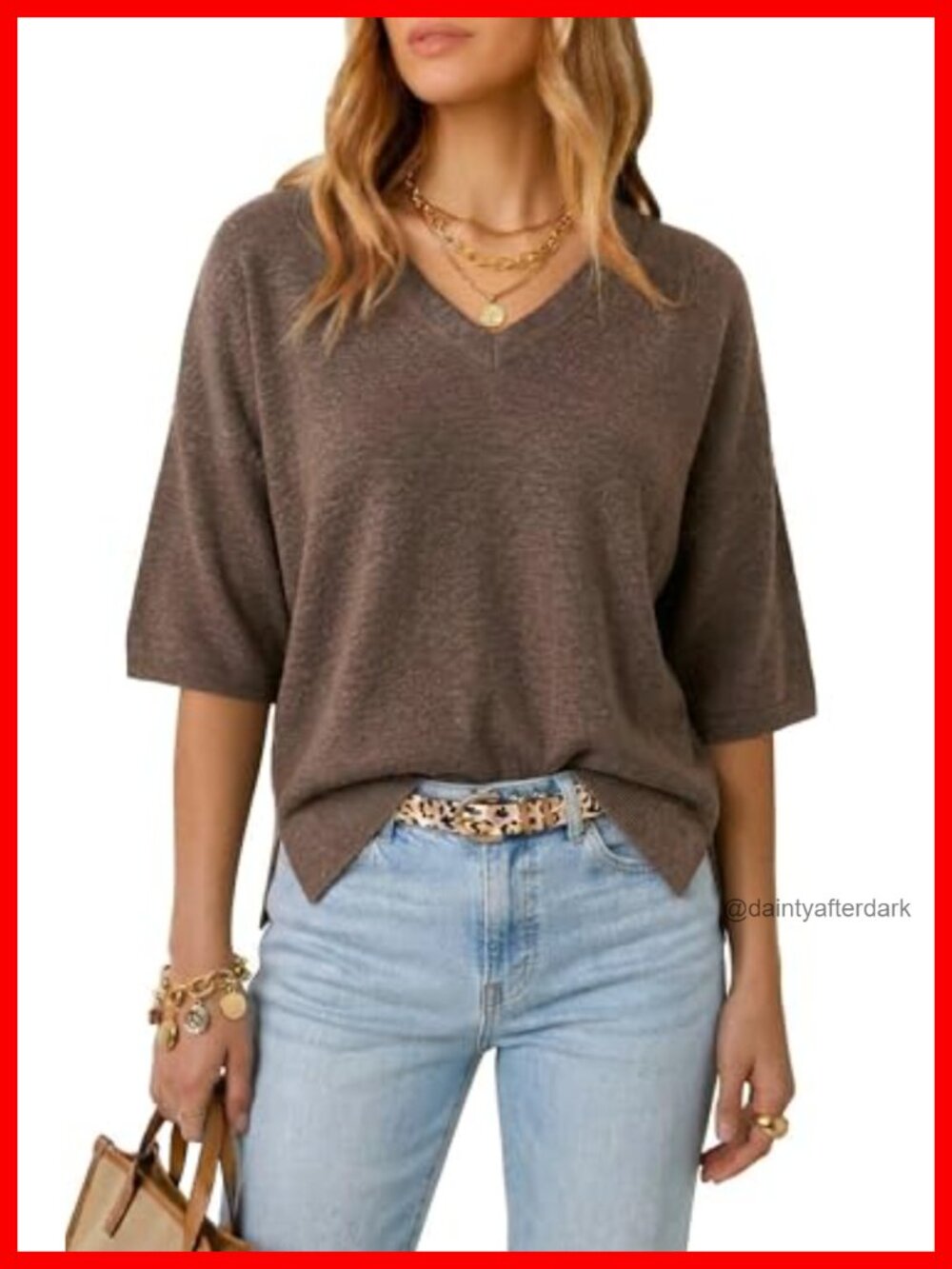 Wool Blend Oversized V-Neck Sweater Pullover Elbow Sleeve